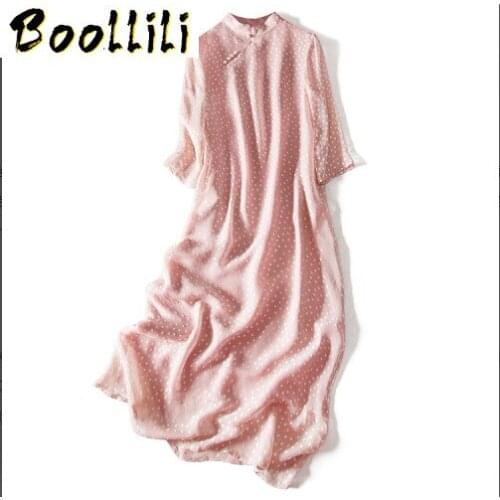 Boollili Real Silk Summer Dress Women Clothes Ladies Dresses Vintage Elegant Maxi Pink Dress 2020 Cheongsam High Quality Dress