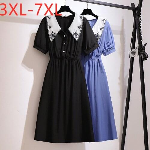 New 2021 Korea ladies summer plus size midi dress for women large loose casual short sleeve button retro dress 4XL 5XL 6XL 7XL