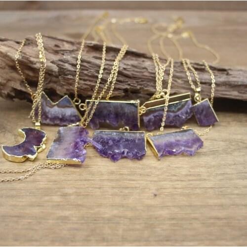 Gold Chains Natural Amethysts Druzy Slab Pendants,Healing Crystal Quartz Geode Drusy Slice Charms Necklace Women Jewelry,QC3095