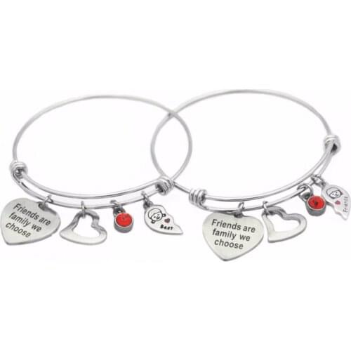 2PCS Stainless Steel Adjustable Wire Bangle Friends are Family We Choose Best Friends with birthstone Charms Bracelets