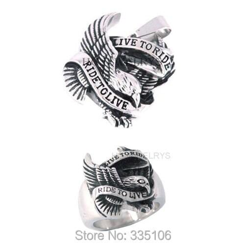 Free shipping! Live To Ride Eagle Ring and Pendant Stainless Steel Jewelry Ride to Live Motor Biker Eagle Jewelry Set SWR0005RP