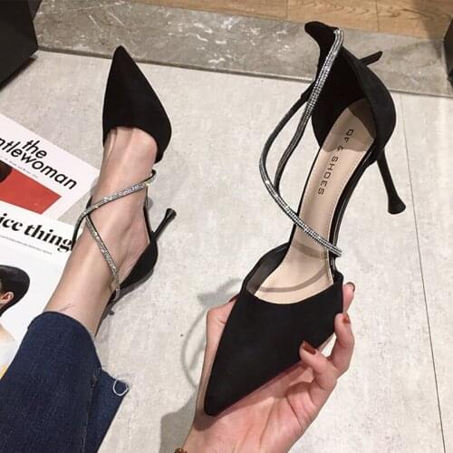 Water Diamond Baotou Sandals Womens Stiletto 2020 New Sexy Versatile Fairy Style Pointed Button Strap High Heels