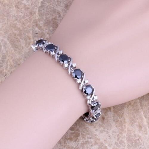 Black Cubic Zirconia White CZ Silver Plated Overlay Link Chain Bracelet 7 inch S0265