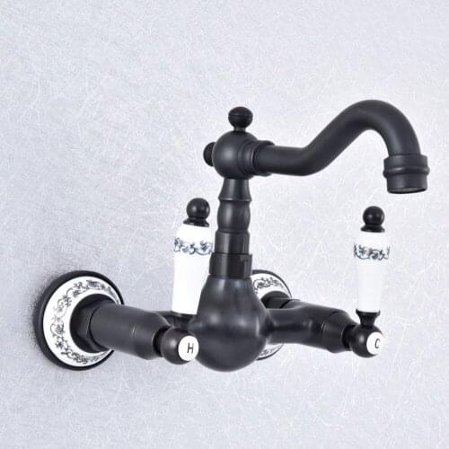 Black Oil Rubbed Brass Bathroom Kitchen Sink Basin Faucet Mixer Tap Swivel Spout Wall Mounted Dual Ceramic Handles msf708