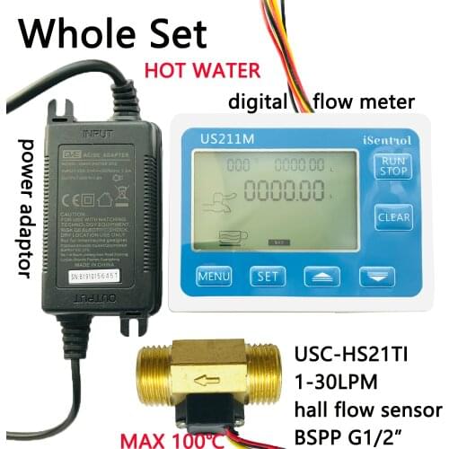 Hot Water 100C US211M Water Flow Meter Digital Hall Water Flow Sensor Reader with Brass USC-HS21TI 1-30L/min flowmeter turbine