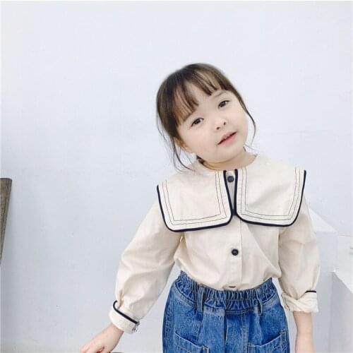2020 Childrens Clothing Spring New Girl Korean Style Navy Wind Lapel Shirt Toddler Girl Cute Solid Blouse Kids Top Tees 2-7Y