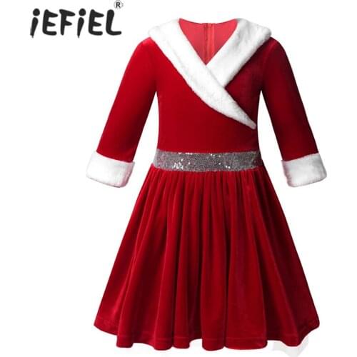 Kids Girls Christmas Costume Dancewear Faux Fur Trimming Velvet Figure Ice Skating Roller Tutu Dress Baton Twirling Dress