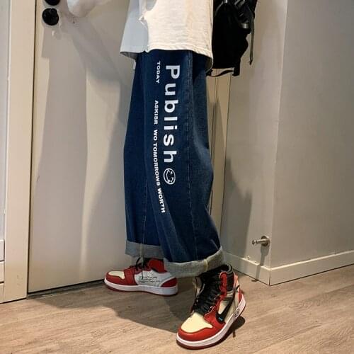 Man Straight Casual Jeans 2020 Spring Summer New Korean Streetwear Collage Hip Hop Jeans Woman Letter Print Wide Leg Denim Pants