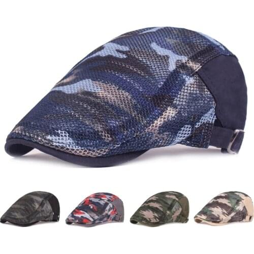 Men Women Camouflage Duckbill Beret Cap Hollow Breathable Mesh Gatsby Cap Adjustable Cabbie Newsboy Driving Hunting Flat Hat