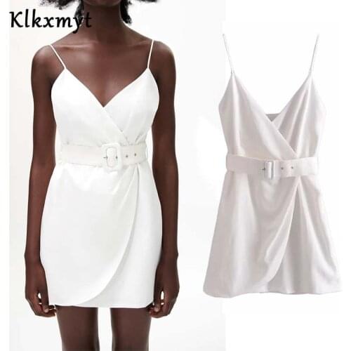 Klkxmyt Za Women 2021 Summer Dress With Belt Sling Mini Dress Woman Backless Thin Straps Folds Sexy Female Party Dresses Vestido