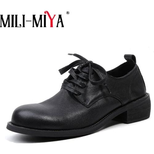 MILI-MIYA Handmade Sheepskin Leather Retro Women Pumps Brand Design Soft Black Lace-Up Office Lady Casual Shoes Big Size 33-43