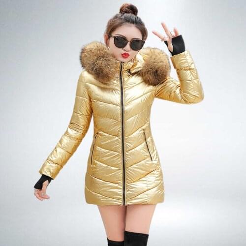 Fashion Winter Womens Down Jackets Hooded Coat Down Parkas Thick Winter Jacket Women Long Glossy Big Fur Silver Outwear 2020