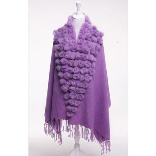 Fashion New Purple High Quality Womens 100% Wool Rabbit Fur Balls Pashmina With Fine Tassel Thick Shawl Scarf Warm 112801