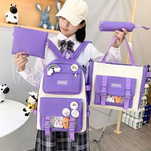 4-piece Fashion Womens Backpack Canvas Large Capacity School Bag For Girls Waterproof Student Outdoor Travel Backpacks 2021