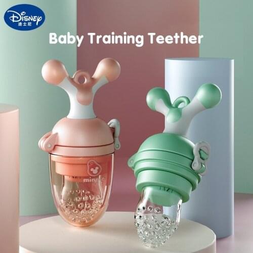 Disney Baby Training Teether Safety Buckle Design Soft Silicone Pacifier Uniform Opening Juice Bite Bag Food Supplement Goods