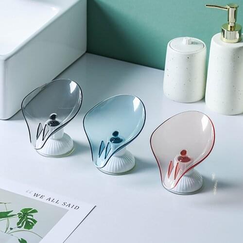 Punchfree Leaf-shaped Soap Dish Creative Soap Box with Rotatable Suction Base Plastic Sponge Holder Bathroom Fixture