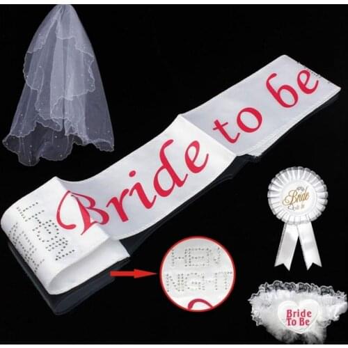 Bride To Be Set Rosette mantilla Badge Sash Garter Veil tiara Hen Night Bachelorette wedding Party props white girl gift