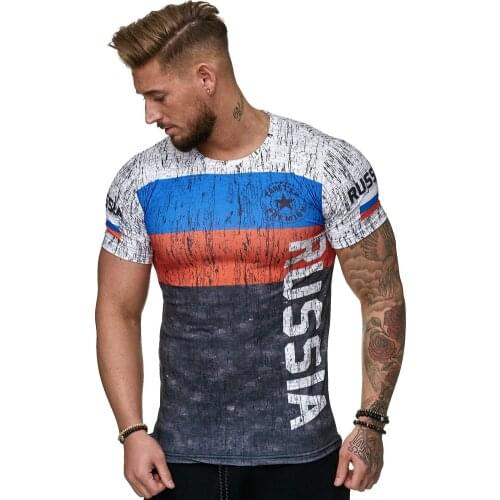 New 3D printing Russian flag mens casual fashion T-shirt cool and lightweight slim muscle mens T-shirt fitness 0-neck top