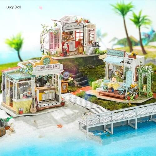 New DIY Wooden Dollhouse Miniature Furniture With LED Light Kit Bar Ice Cream Shop Doll Houses Assemble Toy Birthday Gift Casa
