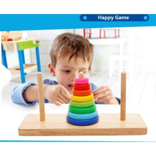 Rainbow Color Tower of Hanoi Educational Wooden Toys Classic Mathematical Puzzle Toy for Children to Develop Intelligence