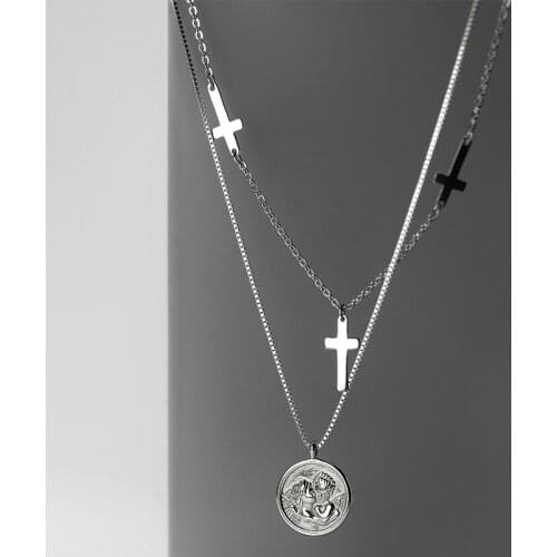 S925 Sterling Silver Vintage Double Layer Cross Round Card Clavicle Chain Necklace For Women Girl Clavicle Choker Necklace Gift