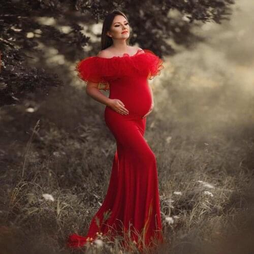 Garden Red Tulle Ruffles Maternity Dress Pretty Off The Shouler Mermaid Pregnancy Robe To Photography Baby Shower Gowns