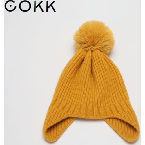 COKK Winter Hats For Children Girls Boys Beanie With Pompom Faux Fur Ear Protection Knitted Bonnet Keep Warm Candy Solid Soft