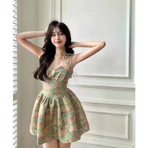 Retro sweet floral suspender dress female summer 2021 new short style puffy dresses sexy backless women dress