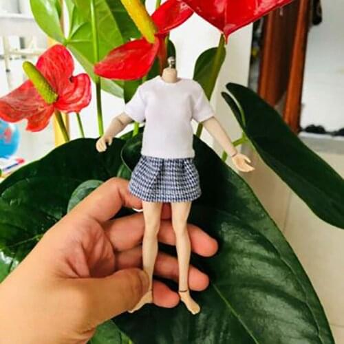 1/12 Female White Short Sleeve T-shirt Short Plaid Skirt Dress Clothes Set Accessories Fit 6'' Action Figure Body