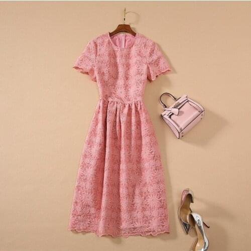 American European womens and clothing 2021 summer new style Flower embroidery with short sleeves Fashionable pink dress