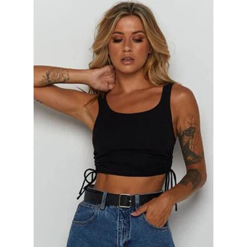 Women Sexy Solid Tank Tops Ribbed Knitted Elastic Crop Summer Off Shoulder Stretch Vest Ruched Drawstring Adjustable Length