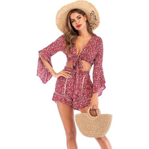 Women Two Piece Set Knitted pagoda sleeve Crop Tops Bodycon Shorts Suit Winter Sexy 2 Piece Set Women Outfits printing Deep V