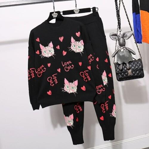 New Autumn Fashion Women Sets Winter Tops Cartoon Kitten Print O Neck Knitted Sweater + Casual Long Trousers Two Piece Set Women