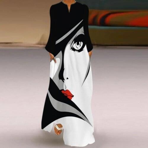 2021 Spring V-neck Long Sleeve Robe Party Dress Women Retro Abstract Face Printed Maxi Dress Autumn Loose Pocket Chic Long Dress