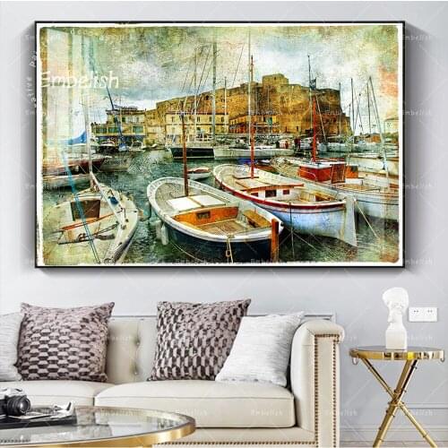 Embelish 1 PC Boats In Naples Port Landscape Wall Art Pictures For Living Room HD Spray Canvas Oil Painting Living Room Posters