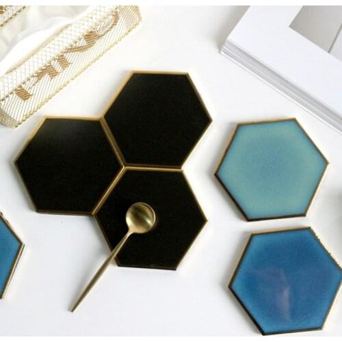 1 PCS Nordic Hexagon Gold-plated Ceramic Placemat Heat Insulation Coaster Porcelain Mats Pads Table Decoration