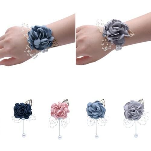 1PC Bridesmaid Bracelet Wedding Corsage Bracelet Polyester Ribbon Rose Flowers Pearl Bow Bridel Gifts Wrist Corsage