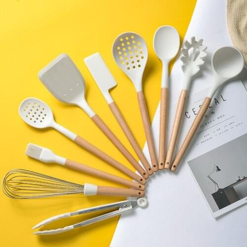 10pcs Kitchen Cooking Kitchenware Tool Kitchen Utensils Silicone With Wooden Multifunction Handle Spatula Ladle Beaters Shovel