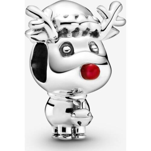 925 Sterling Silver Rudolph the Red Nose Reindeer Charms Fits Pandora Bracelet Beads for Jewelry Making Breloque Argent 2020 New