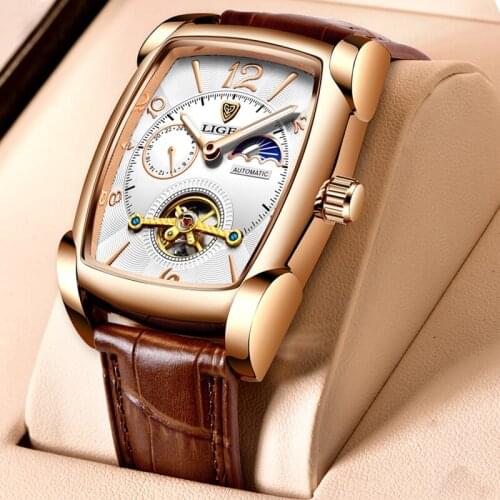 LIGE 2021 New Fashion Mens Watches Square Automatic Watch for Men Tourbillon Clock Genuine Leather Waterproof Mechanical Watch