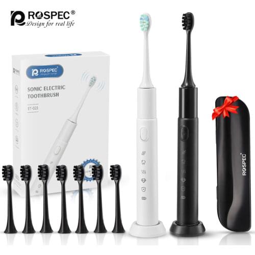 ROSPEC Sonic Electric Toothbrush Waterproof 5 Modes Wireless USB Charger DuPont Soft Brush Heads Replacement with Traveling Box