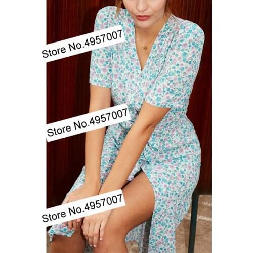 Elfbop Viscose 2020 Ladies V Neckline Short Sleeve Floral Printed Midi Dress With Waist Ties & Front Button Closure