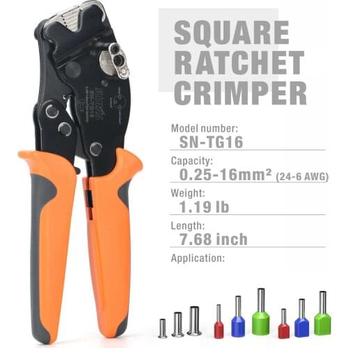 SN-TG16 Wire Ferrule Crimping Plier Crimp 0.25-16mm² Tube Type Pre-Insulated Terminal Joints Mini Tool Square Ratchet Crimper