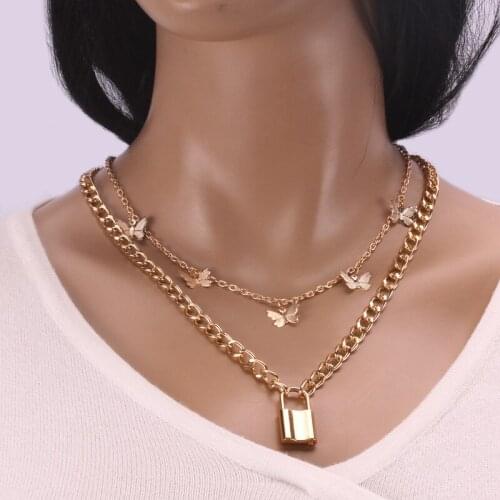 Fashion Simple Butterfly Clavicle Chain Necklace Personality Hip Hop Punk Style Thick Chain Lock Pendant Necklaces for Women