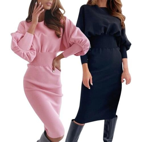 2021 European and American autumn solid color hedging temperament commuter flared sleeve high waist pleated long sleeve dress