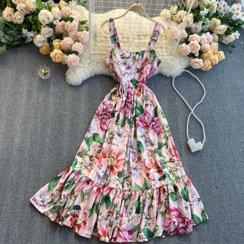 Foamlina Bohemian Floral Print Holiday Dress Women Sexy Spaghetti Strap Sleeveless Square Collar Beach Long Pleated Maxi Dress