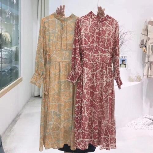 2020 spring floral printing chiffon dress women long sleeve midi dress korean clothes lace-up waist back zipper