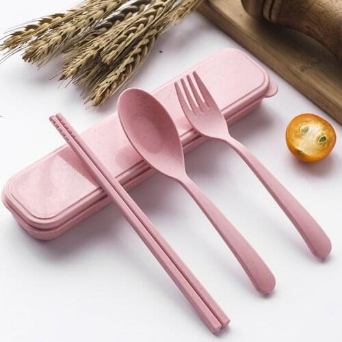 Portable Cutlery Box Creative Wheat Straw Three-piece Set Cute Chopsticks Box Long Handle Spoon Fork Multicolor Optional