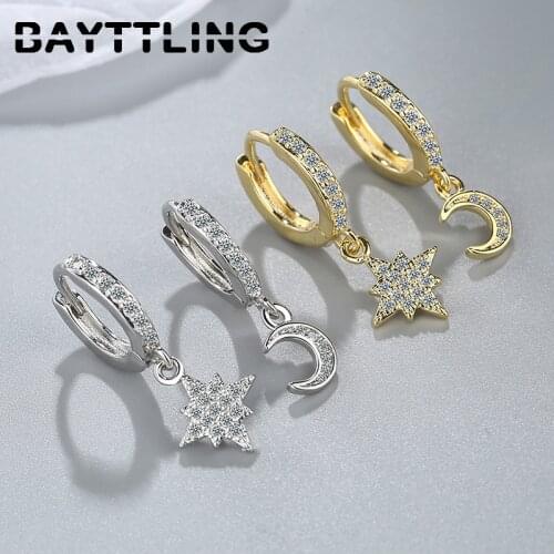 BAYTTLING 925 Sterling Silver Luxury Gold/Silver Moon & Star Pendant Earrings For Women Fashion Zircon Earrings Jewelry Gifts