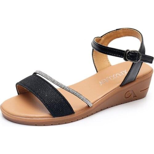 Summer new fashion top layer cowhide one-word sandals wedges soft-soled sandals for womens outer wear